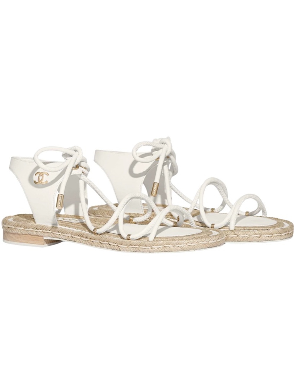 Chanel 20S White Lambskin CC Logo Mules Lace Up Tie Sandal Espadrille Flat 36